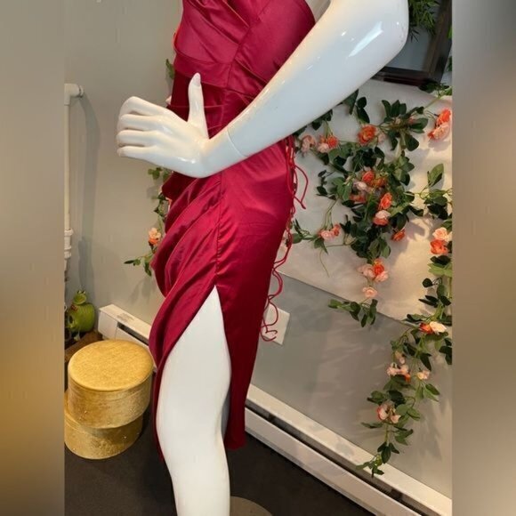 Strapless Asymmetrical Corset Satin Evening Dress One shoulder Red M RfI036-2 - Picture 10 of 11
